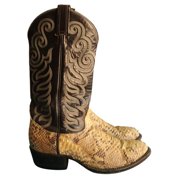 Vintage Tony Lama Snakeskin Black Cream Two Tone Cowboy Boot Mens 7.5 Western